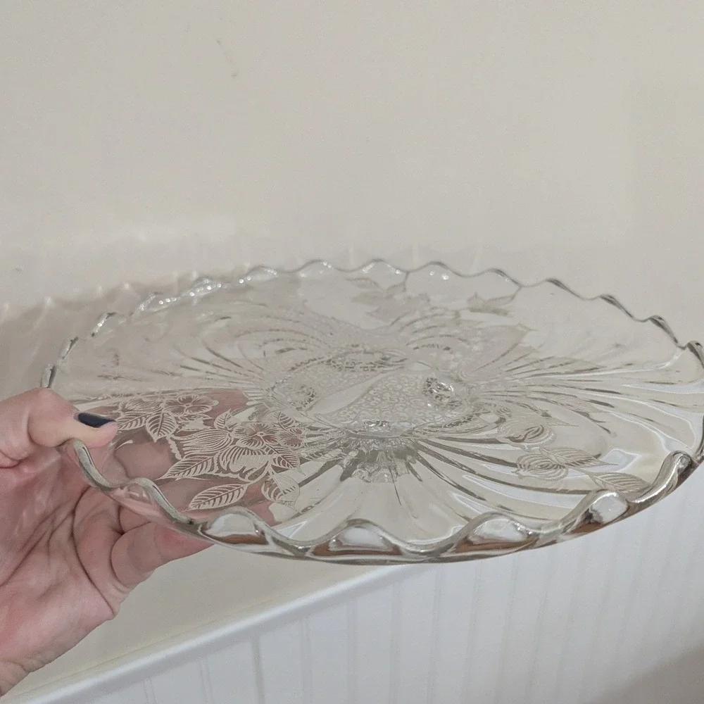 Vintage Glass Cake Stand Silver Overlay Wedding Bells Floral Ruffled 11.5in